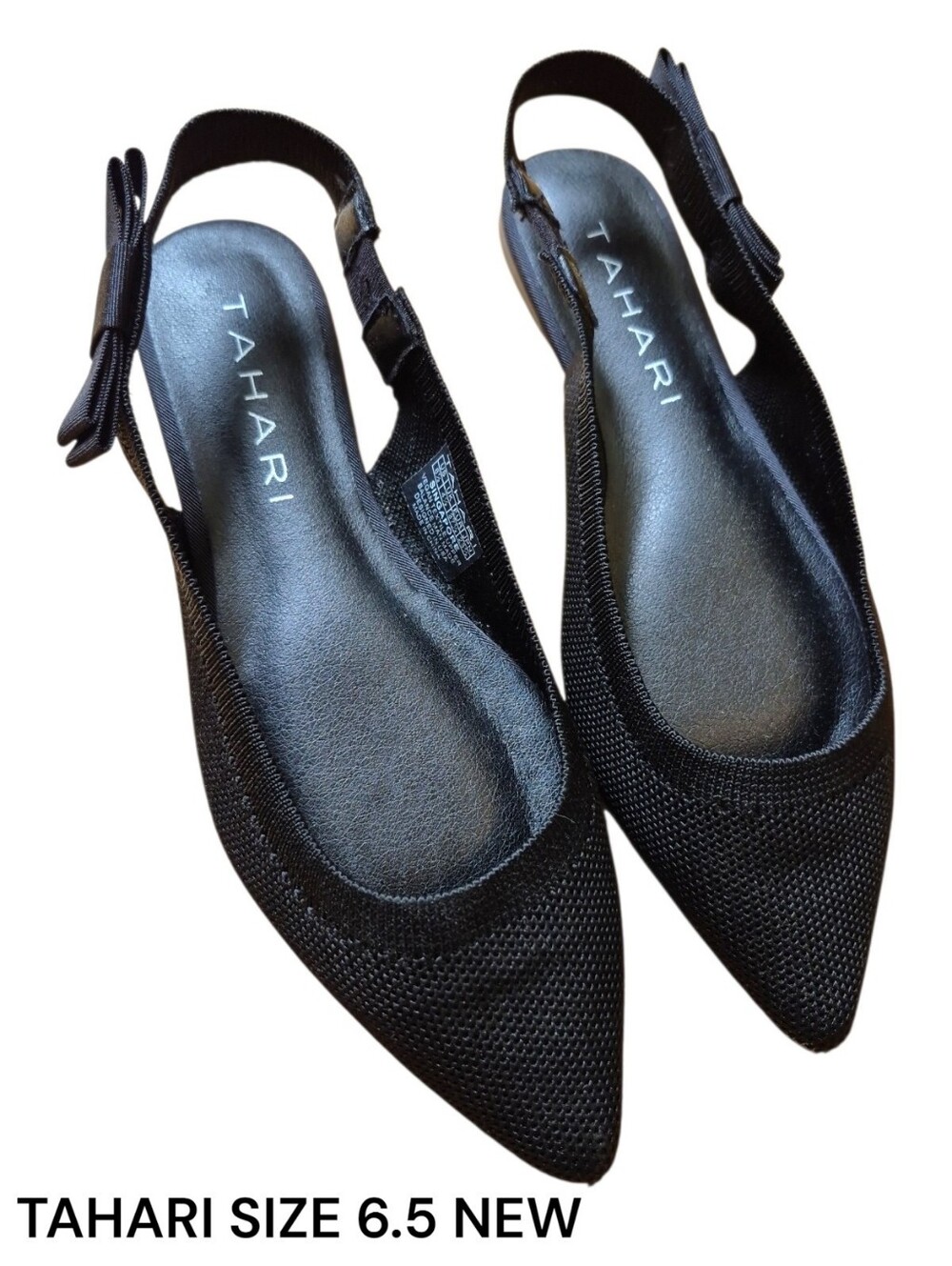 Tahari Black Pointed Knit Slingback Flats , 🎀 Bow Detail - 6.5 New